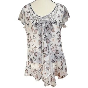 Live and Let Live Bird Print Sheer overtop‎ a graphic top Blouse Beaded